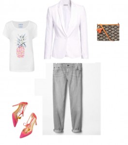 T-Shirt, M&S Indigo; Jacket, H&M; Girlfriend Jeans, Gap; Pom Pom Clutch, Hush; Alice Heels, Boden